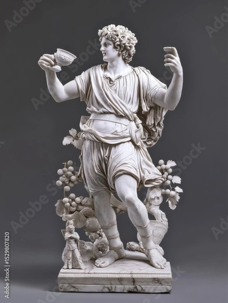 Obraz Statue of Dionysus, the god of joy and festivals, holding a wine cup and grapevine in both hands, with a backdrop of a lively dance and revelry, with carvings depicting him as the embodiment of celeb