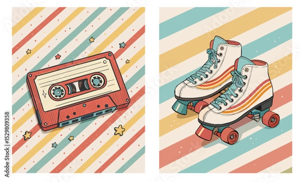 Fototapeta Naive drawing set of two vector images for retro decor: vintage cassette tape and roller skates from the 70s for nostalgic atmosphere