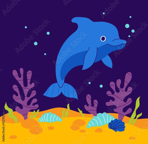 Fototapeta Cute Dolphin with algae, shell, coral and seabed on dark blue background. Vector illustration