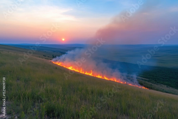 Obraz burning grass on a hillside in an evening landscape