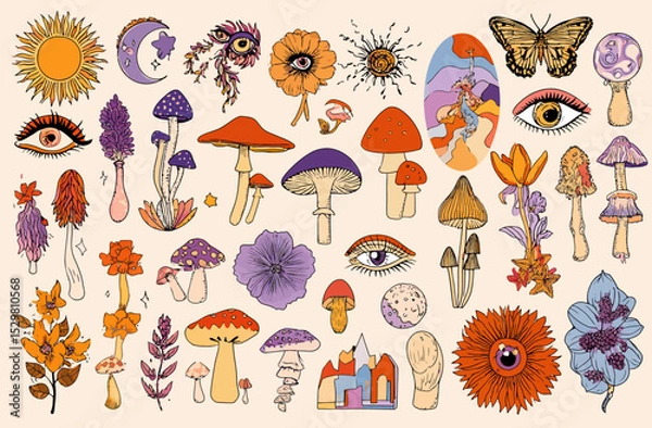 Fototapeta Groovy 70s Psychedelic Mushroom & Floral Vector Graphics Set