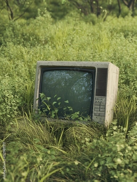 Obraz Old computer monitor resting on overgrown grass