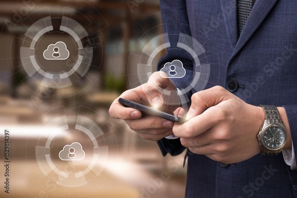 Fototapeta Pro using smartphone in modern office