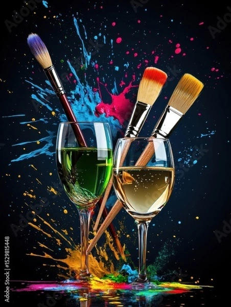 Obraz Art and wine night banner with paintbrushes, wine glasses, and creative splashes of color, ready to advertise summer sip and paint deals.
