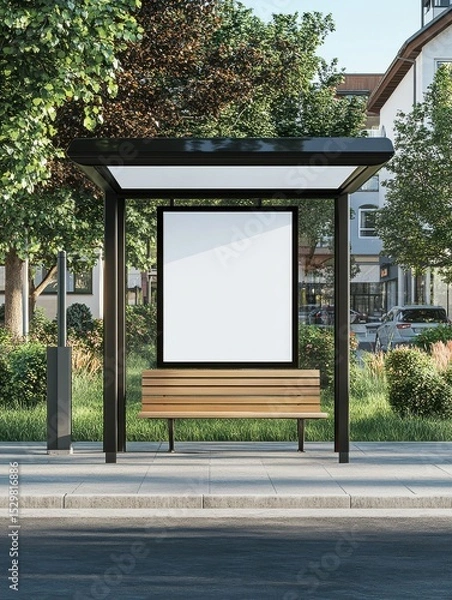 Obraz Blank poster on bus shelter in quiet suburban neighborhood. White billboard mockup with copy space on roadside. Public transport stop. Modern city street scene with bench. Ideal template for