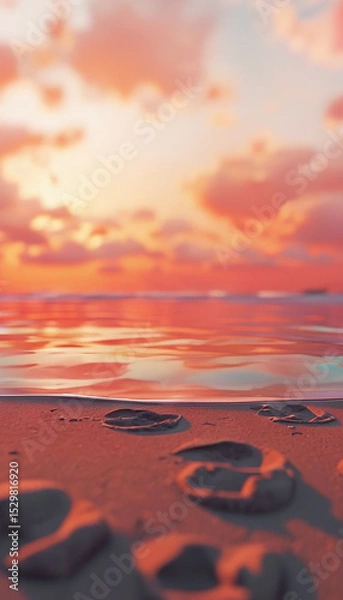 Obraz Sunset Beach Scene with Footprints in Sand and Vibrant Ocean Reflections

