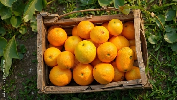Fototapeta Fresh oranges in rustic wooden crate on grassy ground outdoors