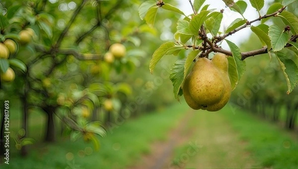 Fototapeta Yellow pear on tree branch in orchard with blurred background