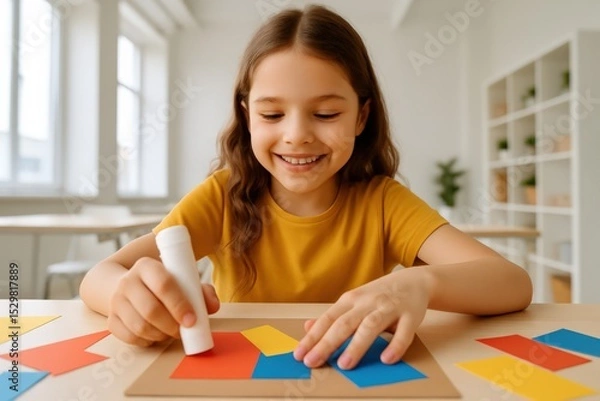 Fototapeta Happy girl creating art with colored paper in bright classroom  