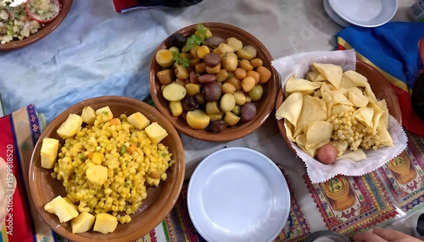 Fototapeta Traditional bolivian festival dish with corn, potatoes, and snacks displayed on colorful tablecloth.