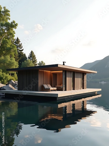 Obraz floating river hotel integrated rainwater harvesting system minimalist scandinavian style photorealistic