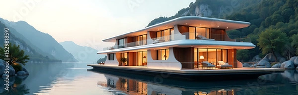 Obraz floating river hotel geothermal heating cooling futuristic parametric design photorealistic