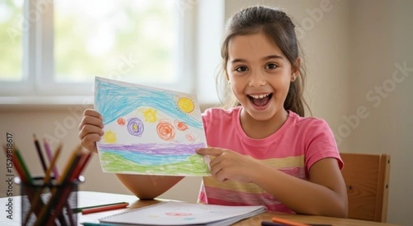 Fototapeta Happy girl showing her colorful drawing while sitting at a table  