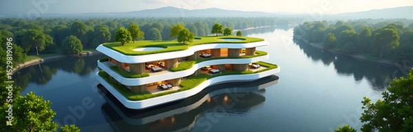 Obraz floating river hotel living green roof futuristic parametric design photorealistic