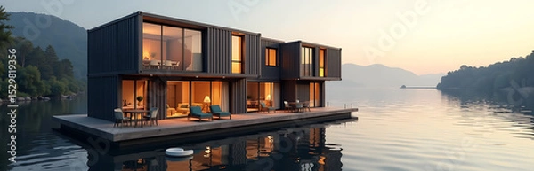 Fototapeta floating river hotel using recycled shipping containers futuristic parametric design photorealistic