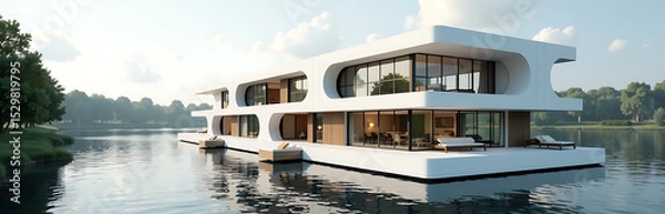 Obraz floating river hotel using recycled plastic blocks futuristic parametric design photorealistic