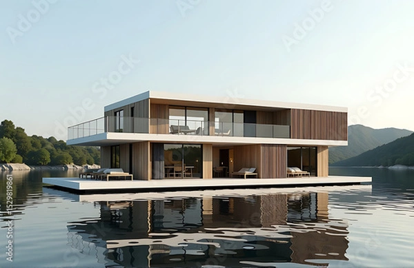 Obraz floating river hotel incorporating solar panel facades minimalist scandinavian style photorealistic