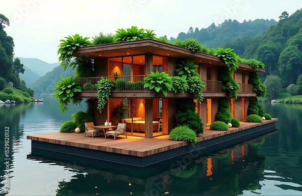 Obraz floating river hotel featuring vertical vegetable gardens warm rustic aesthetic photorealistic