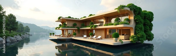 Obraz floating river hotel featuring vertical vegetable gardens futuristic parametric design photorealistic