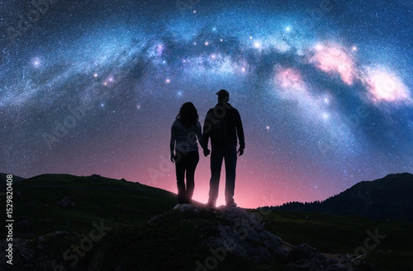 Obraz Couple of hikers holding hands standing on a rocky outcrop in mountains, night pink starry sky with glowing Milky Way. Colorful landscape with silhouettes of man and woman, bright stars and milky way