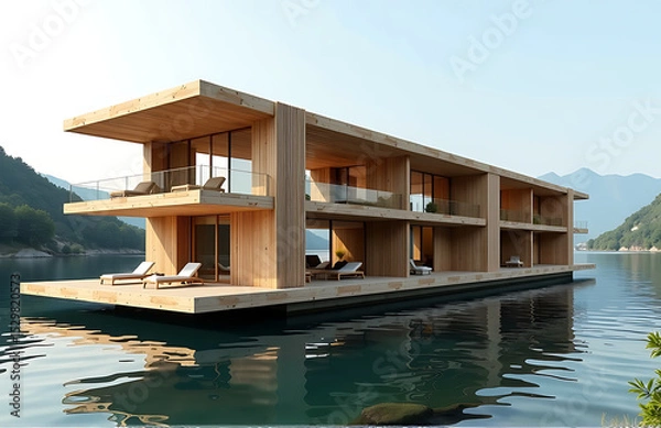 Obraz floating river hotel featuring timber structure futuristic parametric design photorealistic