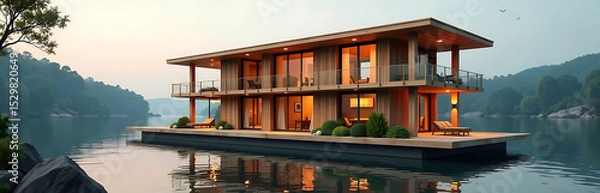 Obraz floating river hotel featuring timber structure warm rustic aesthetic photorealistic