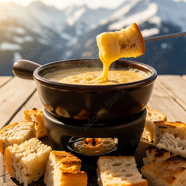 Fototapeta Traditional swiss fondue with bread in mountain setting for national day celebration.