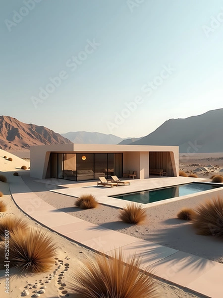 Obraz desert villa geothermal heating cooling futuristic parametric design photorealistic