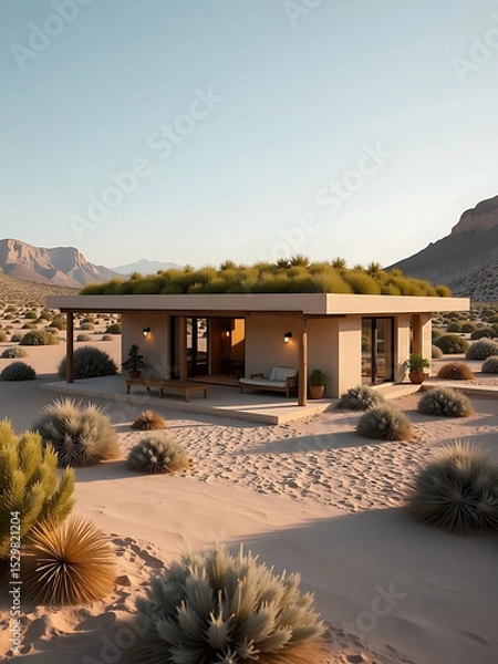 Obraz desert villa living green roof warm rustic aesthetic photorealistic