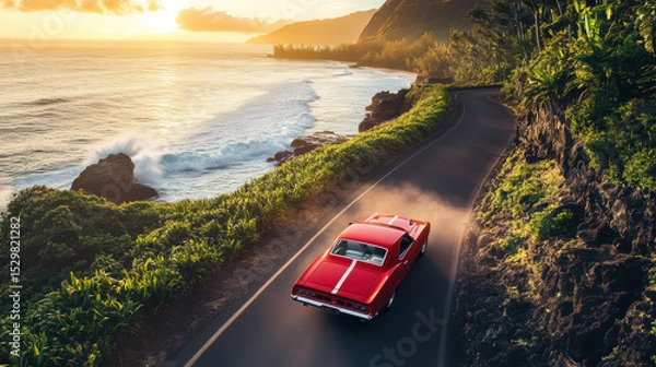 Obraz aerial view of a speeding red car on coastal road in hawaii with waves crashing