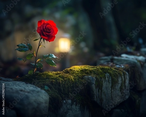 Obraz A single red rose growing on a moss-covered stone wall with soft lighting