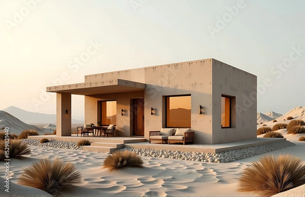 Obraz desert villa using recycled plastic blocks warm rustic aesthetic photorealistic