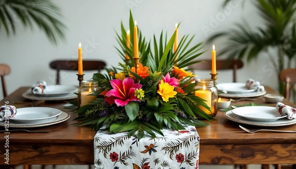 Fototapeta Elegant table setting with floral centerpiece and candlelit ambiance for festive dining.
