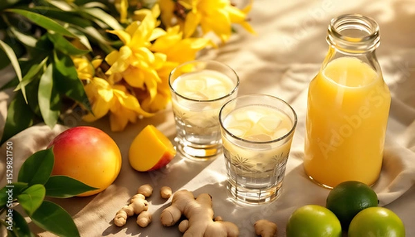 Fototapeta Refreshing traditional benin beverage with fresh ingredients and vibrant colorful setup.