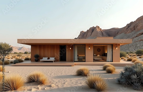 Obraz desert villa highlighting passive house design warm rustic aesthetic photorealistic