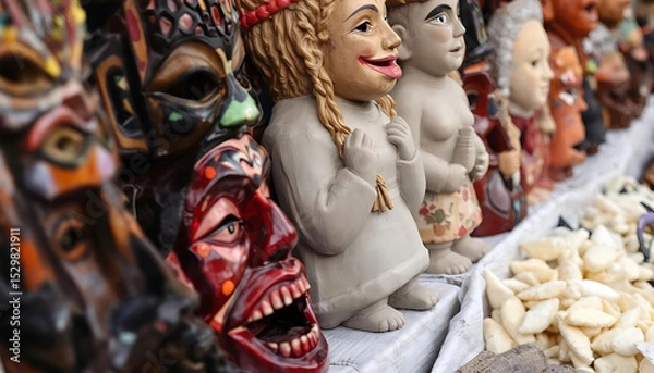 Fototapeta Traditional benin masks and figurines display at cultural market.