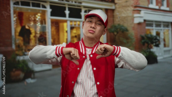 Fototapeta Young man in red baseball uniform stands outdoors in a city street expressing disapproval with a thumbs-down gesture.