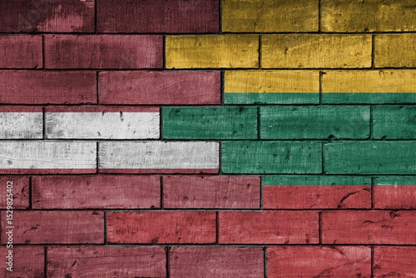 Fototapeta colourful painted big national flag of lithuania and flag of latvia on a massive old brick wall background. concept