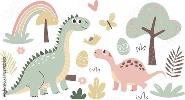 Fototapeta Cute marina life set with fish, whales, seaweed, marina elements for your design, childish hand drawn sea elements. playful and colorful vector illustration of cute underwater sea animals in a cartoon