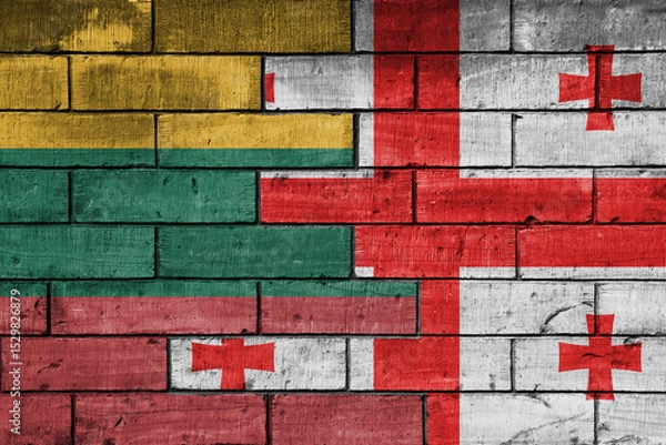 Fototapeta colourful painted big national flag of georgia and flag of lithuania on a massive old brick wall background. concept
