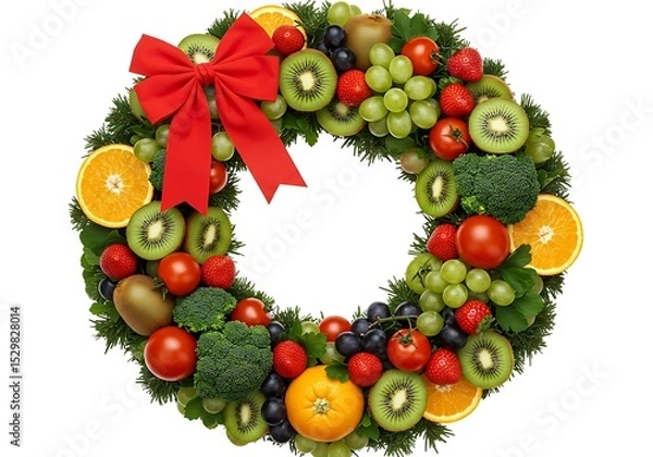 Obraz Festive wreath adorned with fresh fruits, vegetables and a red bow