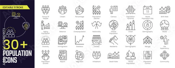 Obraz Population Stroke icon collections. Containing Citizen, Group Of People, Balance, Overpopulation, Nationality, Chart, population, Demographic, Population Growth, and Report, Editable stoke, Outline