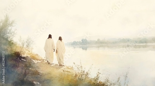 Obraz Two figures by a calm river at dawn
