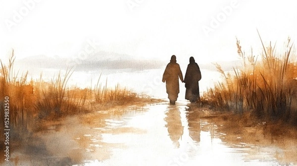 Obraz Walking hand in hand along a serene riverside path