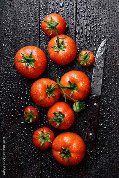 Obraz Top view of ripe red tomatoes covered with water drops on rustic table. Food photography