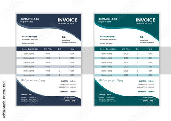 Obraz Minimal Corporate Business Invoice design template vector illustration bill form price invoice. Creative invoice template vector. business stationery design payment agreement design	