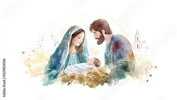 Obraz Nativity scene with a loving family in a stable