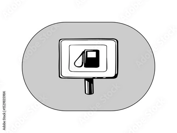 Fototapeta This is a black and white vector illustration of a traffic sign indicating a nearby gas station. The sign features a fuel pump icon accompanied by a droplet symbol