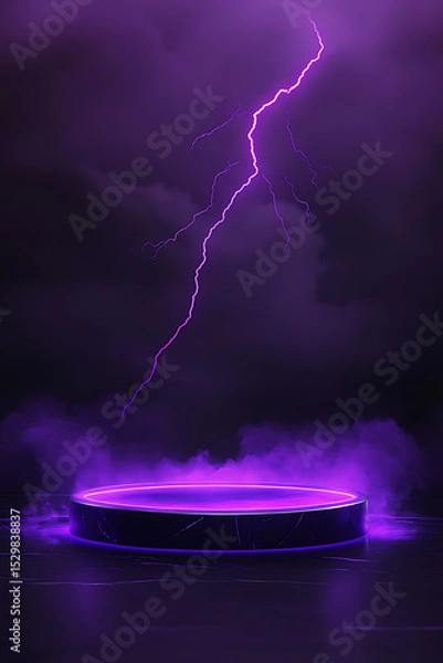 Obraz A dramatic purple-lit circular platform under a stormy sky with lightning striking in the background