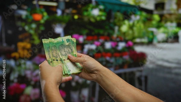 Fototapeta Man holding south african rand in outdoor flower shop with vibrant blooms, emphasizing currency transaction and financial exchange in an exterior setting.